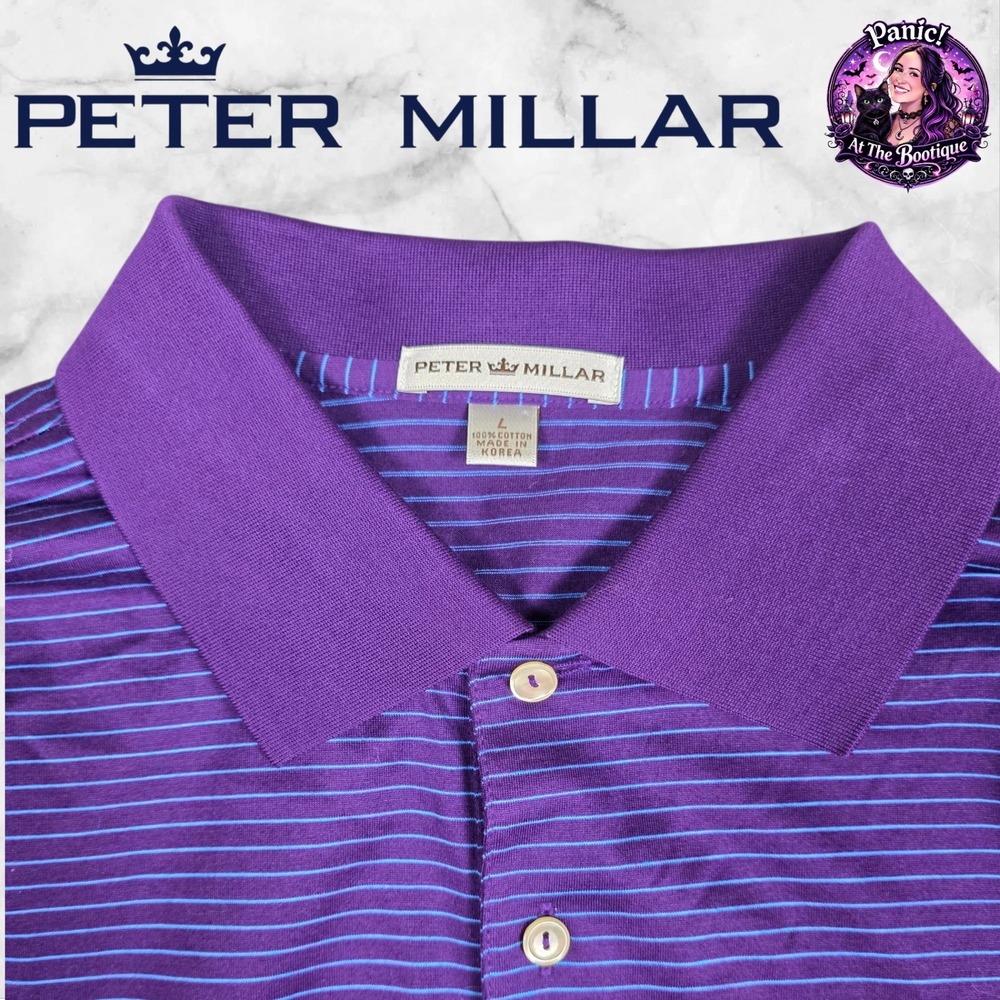 Peter Millar Polo Shirt Mens Large Cotton Purple Striped Long Sleeve Golf Casual